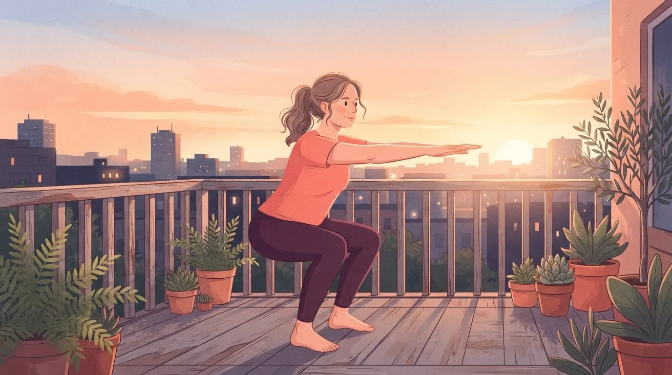 A woman in a coral t-shirt and plum leggings doing a barefoot bodyweight squat on an apartment balcony at sunrise, arms reaching forward for balance, day one of a 30 day squat challenge at home