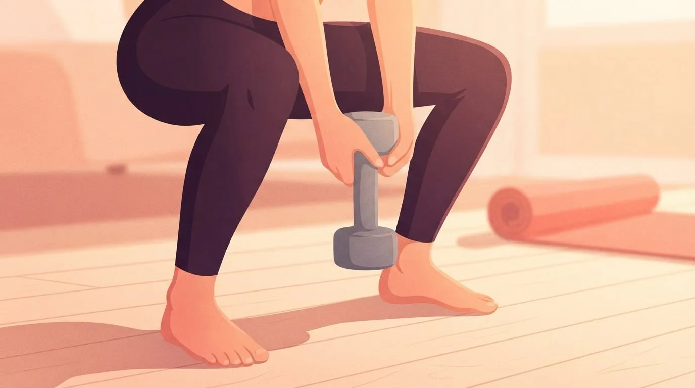 Close-up of a woman's legs in plum leggings at the bottom of a deep dumbbell sumo squat on a sunlit wooden floor, bare feet wide and toes turned out, one dumbbell held between her knees