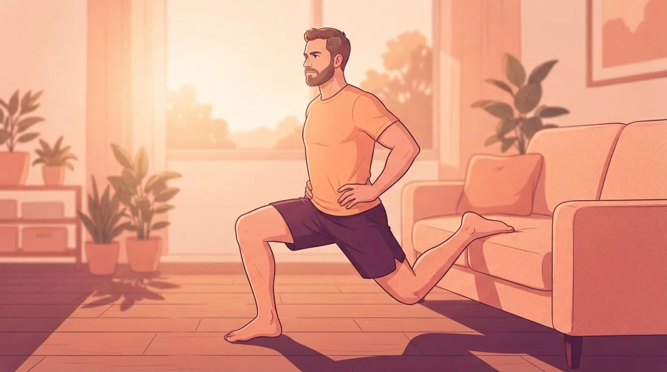 A bearded man in an apricot t-shirt doing a Bulgarian split squat in a sunlit living room, his back foot resting on a sofa cushion and his front knee bent deeply, the hardest squat in week 4 of the 30 day squat challenge