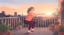 A woman in a coral t-shirt and plum leggings doing a barefoot bodyweight squat on an apartment balcony at sunrise, arms reaching forward for balance, day one of a 30 day squat challenge at home