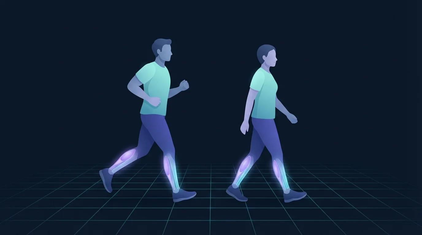 A beginner alternating an easy jog with a walking break on a park path, with the calves and shins glowing to show the tissues that carry the impact load