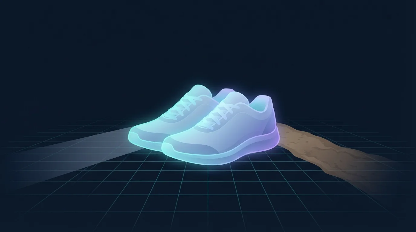 A single pair of neutral cushioned running shoes glowing softly on a path, with pavement on one side and packed trail on the other to show surface choice