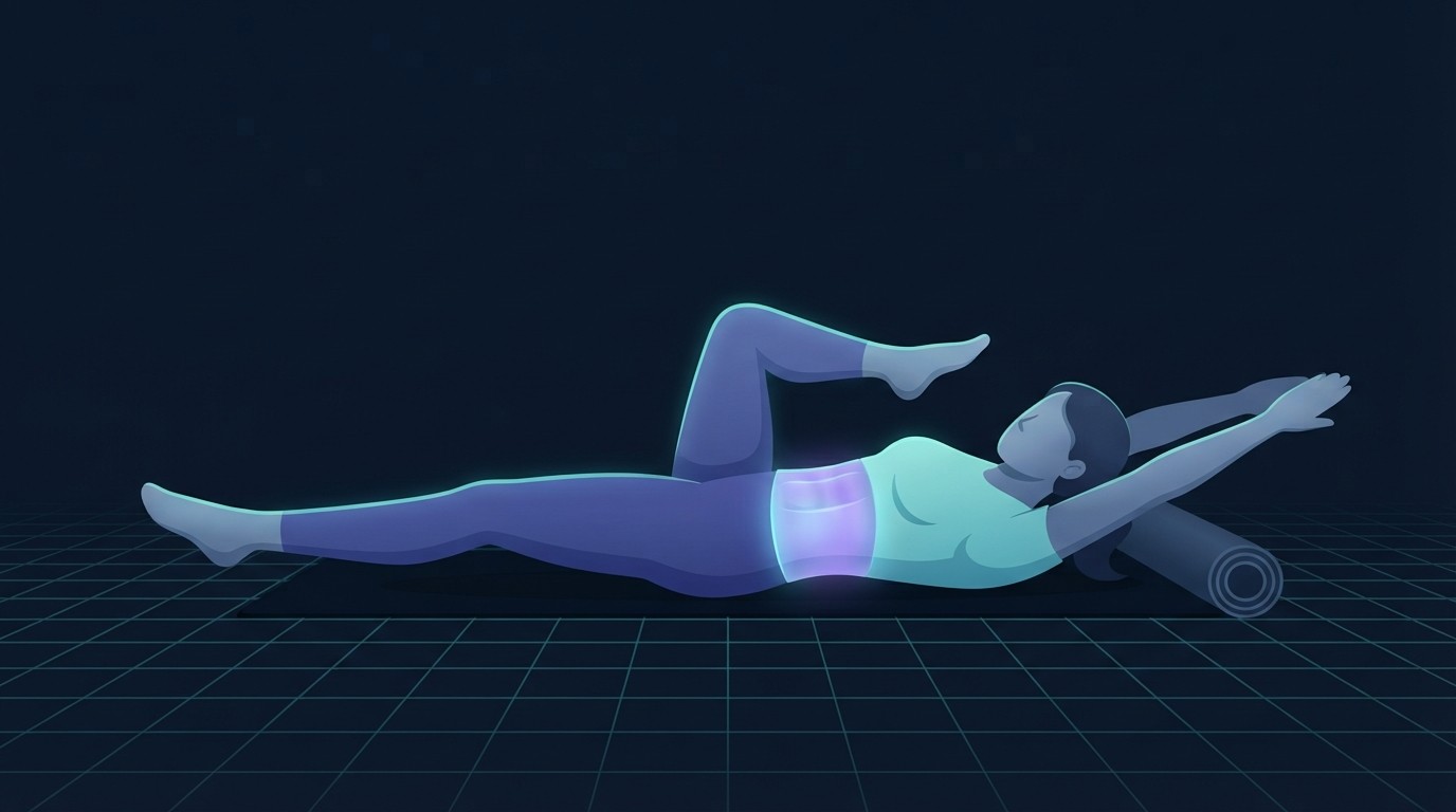 Illustration of a person performing a dead bug on a mat during a no-equipment abs workout at home, with the abdominal wall highlighted