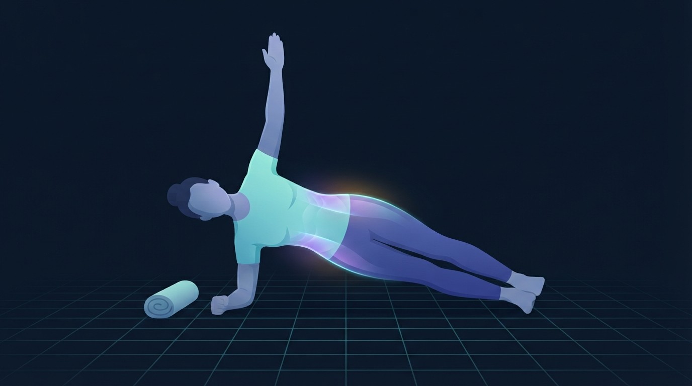 Illustration of a side plank held in one straight line from head to heels with the oblique muscles highlighted, demonstrating correct home ab workout form