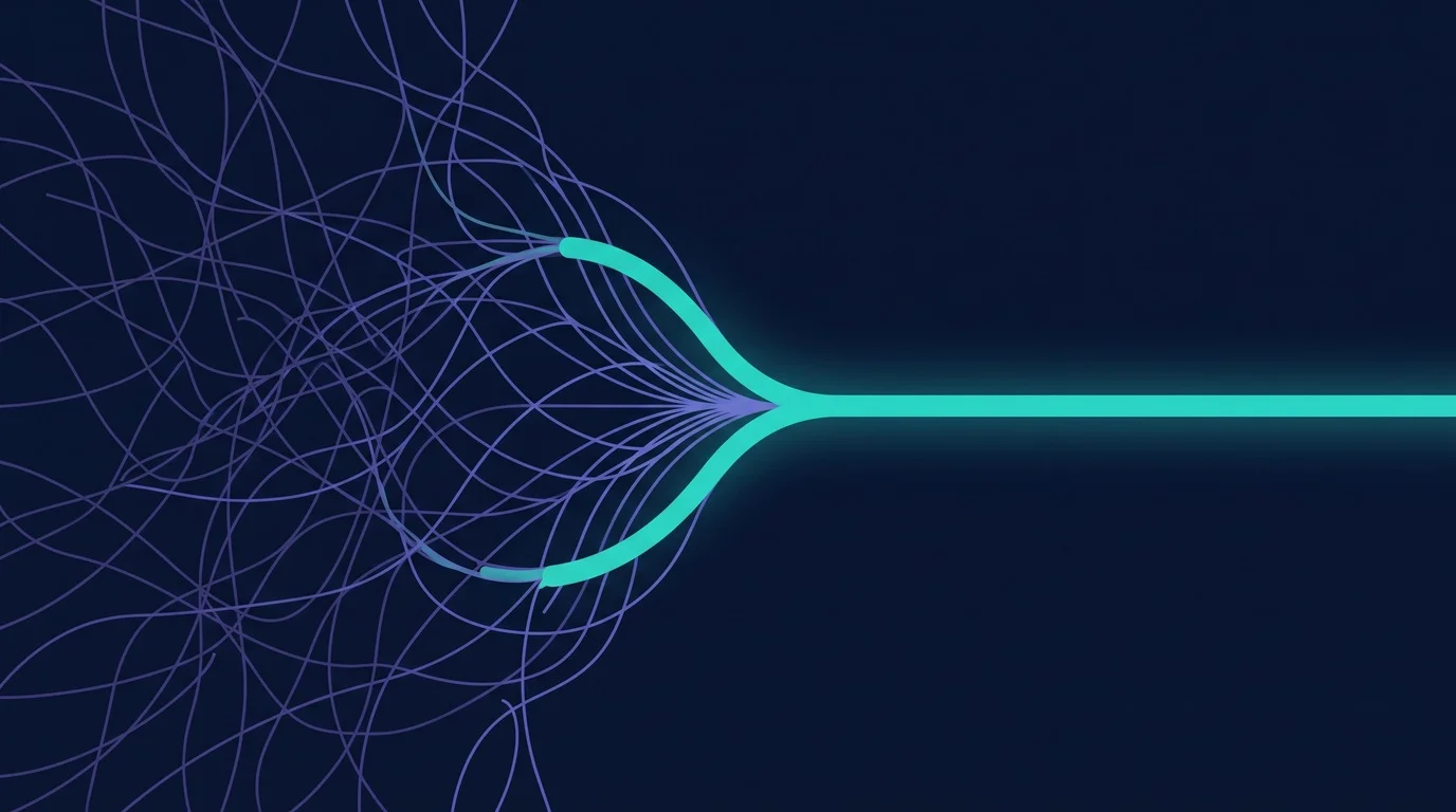 Many tangled branching paths funneling into one clear single path, illustrating how removing decisions makes a workout easier to start with ADHD