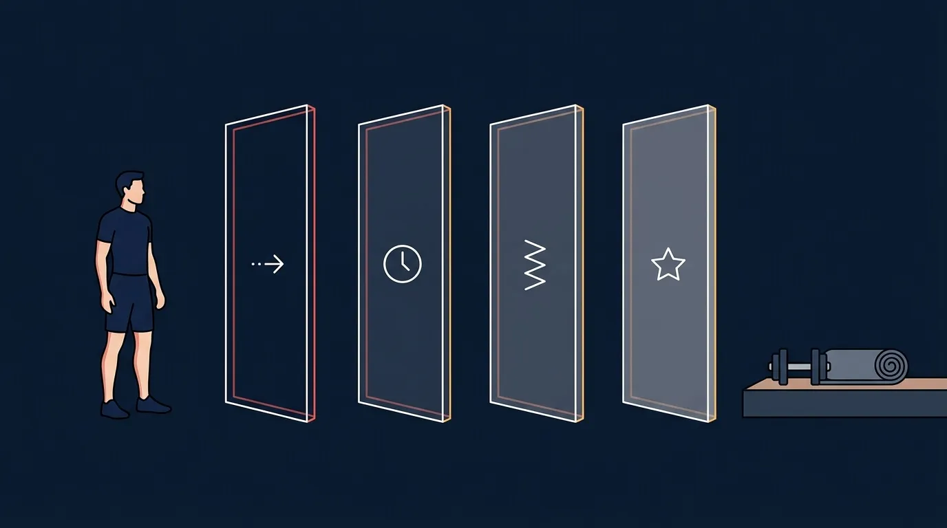 Illustration of four barriers between a person and a workout representing ADHD task initiation, time blindness, boredom intolerance, and delayed reward