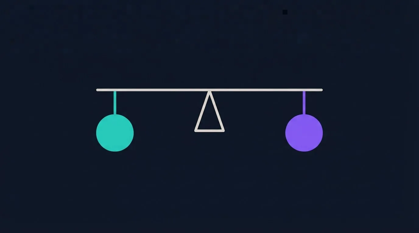 A level balance scale weighing an AI coach against a human personal trainer, showing each option suits different circumstances