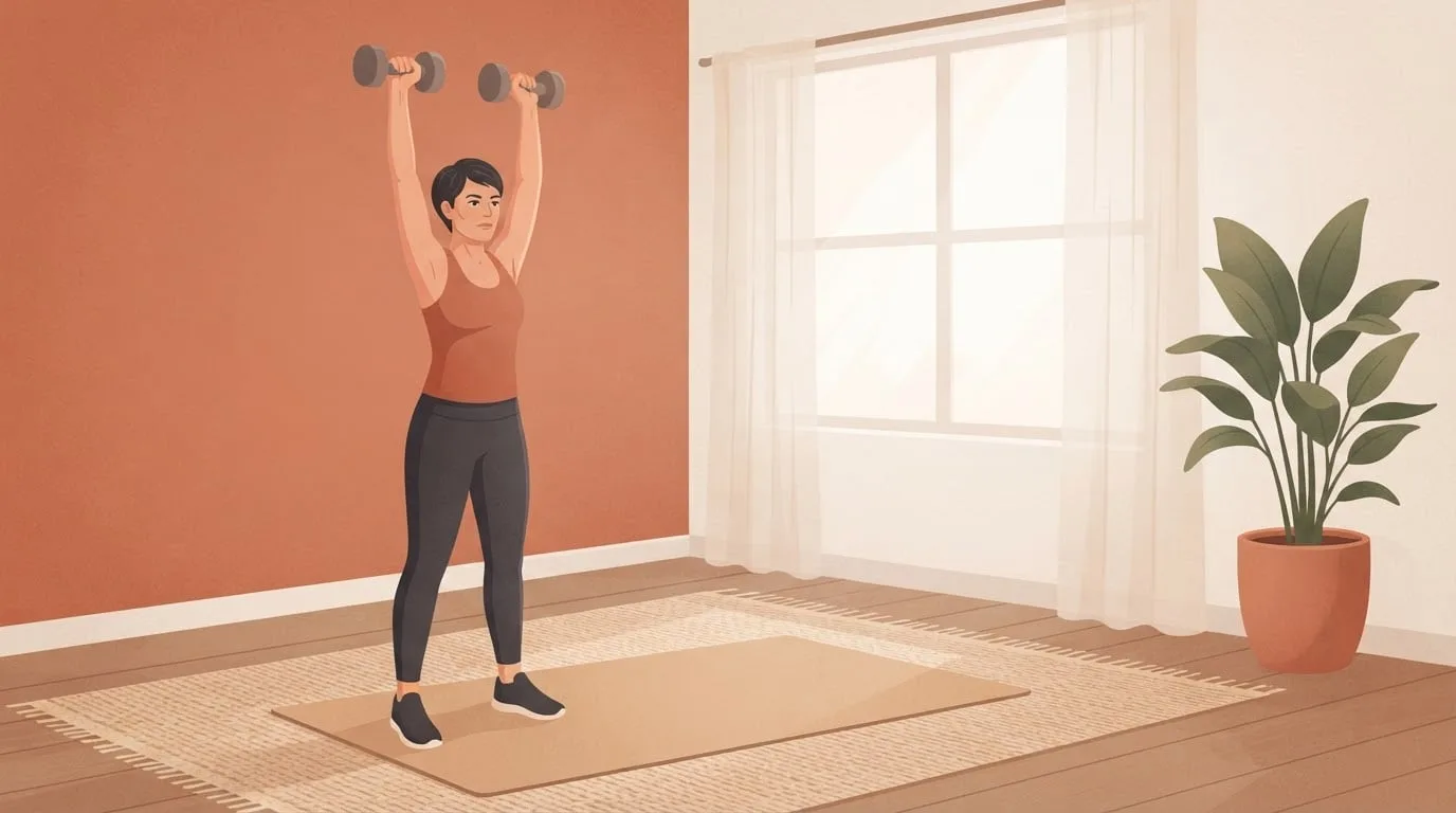 Uma mulher de cabelo curto e escuro terminando um thruster com halteres, com os dois halteres acima da cabeça, sobre um tapete em uma sala com paredes cor de terracota, parte de um treino AMRAP com halteres em casa