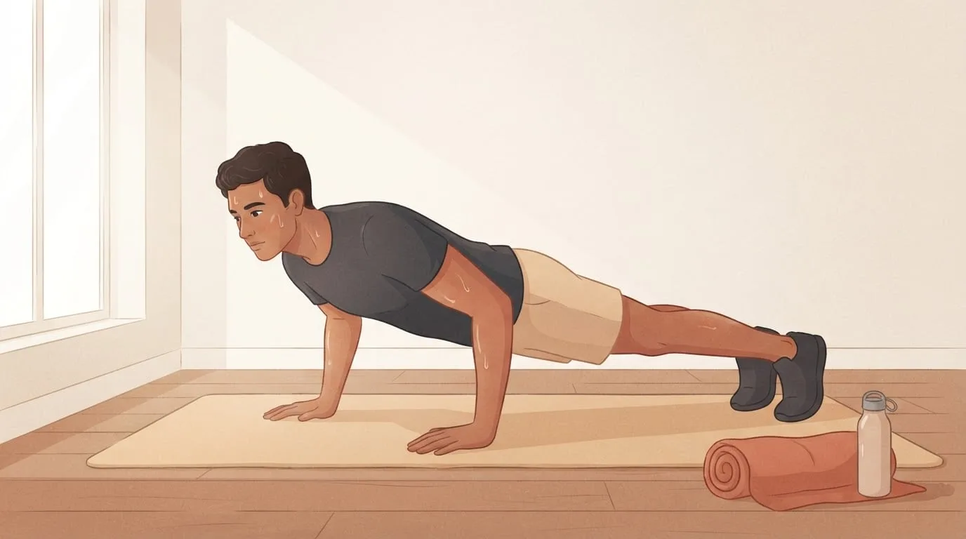 Um jovem sustentando uma flexão rigorosa sobre um tapete cor de areia, com o corpo em linha reta da cabeça aos calcanhares, testando as suas flexões AMRAP em um ambiente iluminado