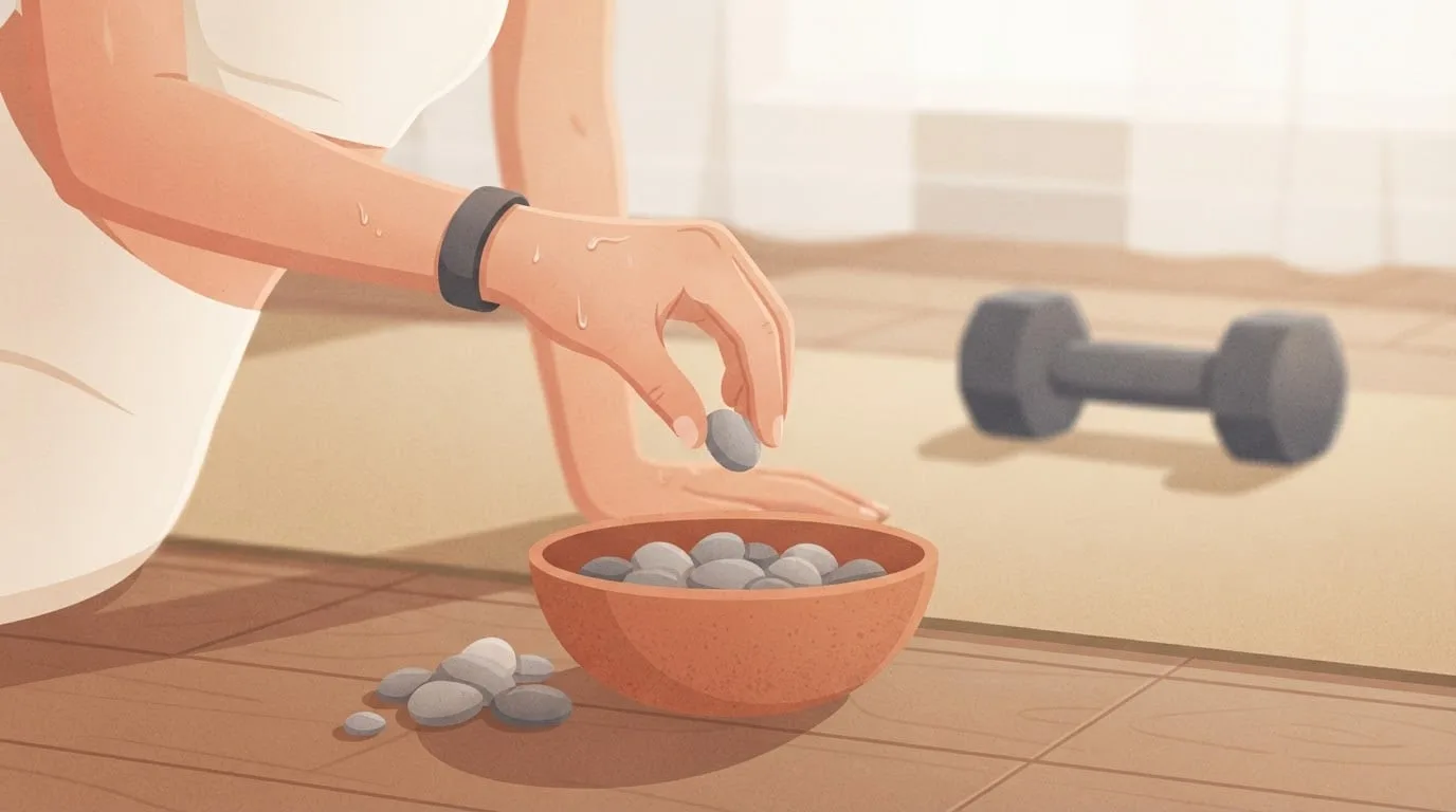 Close de uma mão suada deixando cair uma pequena pedra cinza em uma tigela de terracota ao lado de um tapete e de um halter, uma forma simples de contar as rodadas durante um treino AMRAP