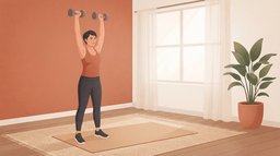 A woman with short dark hair finishing a dumbbell thruster with both dumbbells pressed overhead on a mat in a terracotta-walled living room, part of a dumbbell AMRAP workout at home