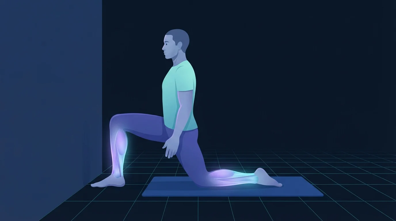 An illustrated figure half kneeling beside a wall with the front foot flat and the knee driven forward past the toes, shin and calf glowing, the position used for the knee-to-wall ankle mobility test