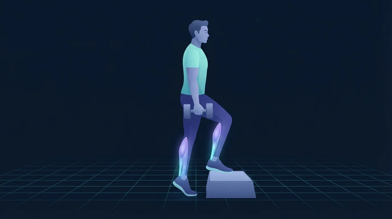 An illustrated figure with one foot on a low step holding a single dumbbell, calf and shin glowing, showing ankle mobility exercises trained under load rather than stretched