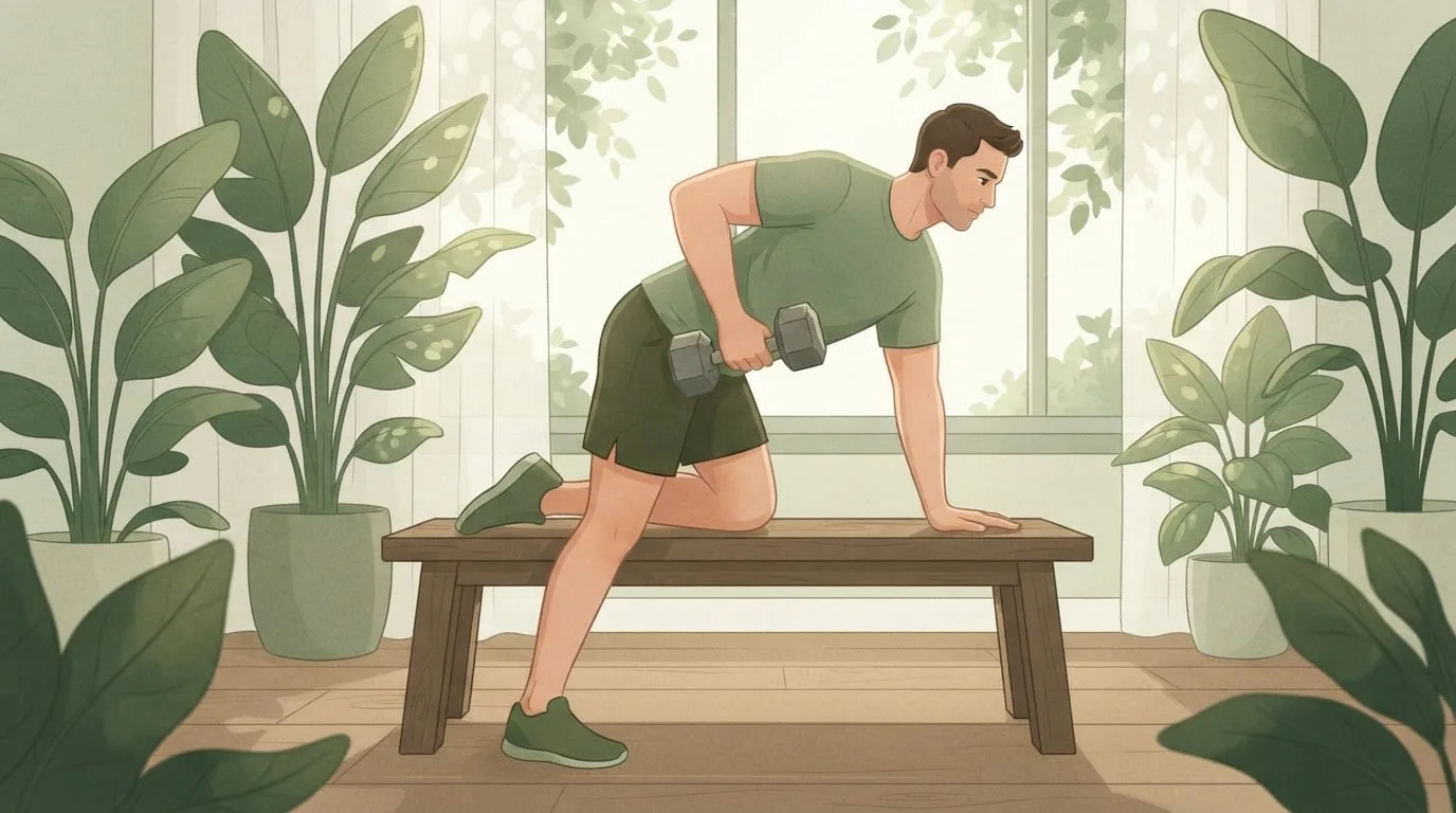 A man doing a one-arm dumbbell row with one knee and one hand on a wooden bench in a plant-filled living room, back flat as he pulls the dumbbell toward his hip, a back workout at home with one dumbbell