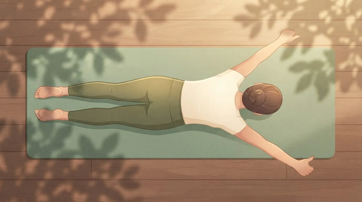 Overhead view of a woman lying face down on a sage-green mat doing a prone Y raise, both straight arms lifted overhead in a Y with thumbs up, a back exercise at home without equipment