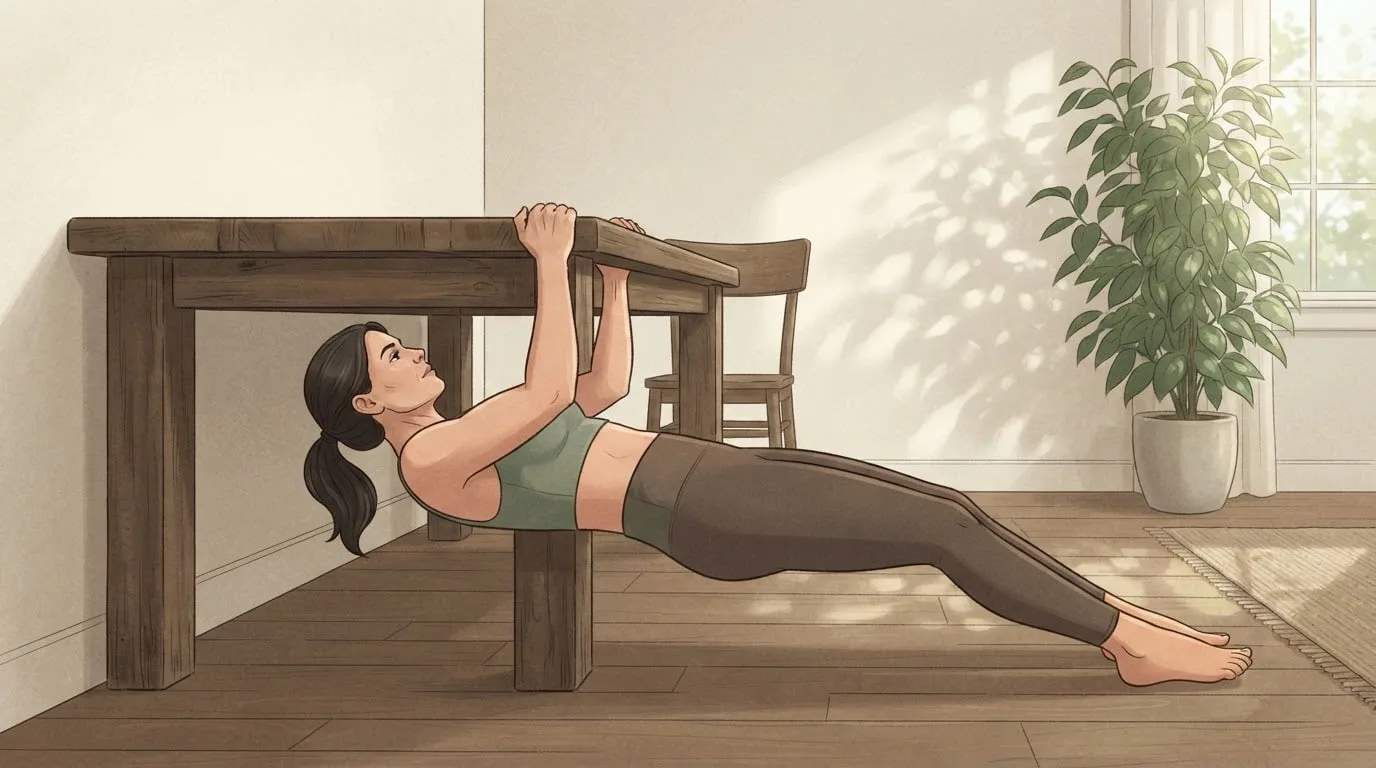 A woman doing a table row under a heavy wooden dining table pushed against a wall, gripping the table edge and pulling her chest up with her body straight and heels on the floor, a bodyweight back exercise at home