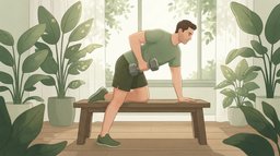 A man doing a one-arm dumbbell row with one knee and one hand on a wooden bench in a plant-filled living room, back flat as he pulls the dumbbell toward his hip, a back workout at home with one dumbbell