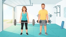 A woman holding a loaded barbell at her thighs beside a man holding a dumbbell in each hand, standing side by side in a bright home garage gym with the door open, a barbell vs dumbbell comparison