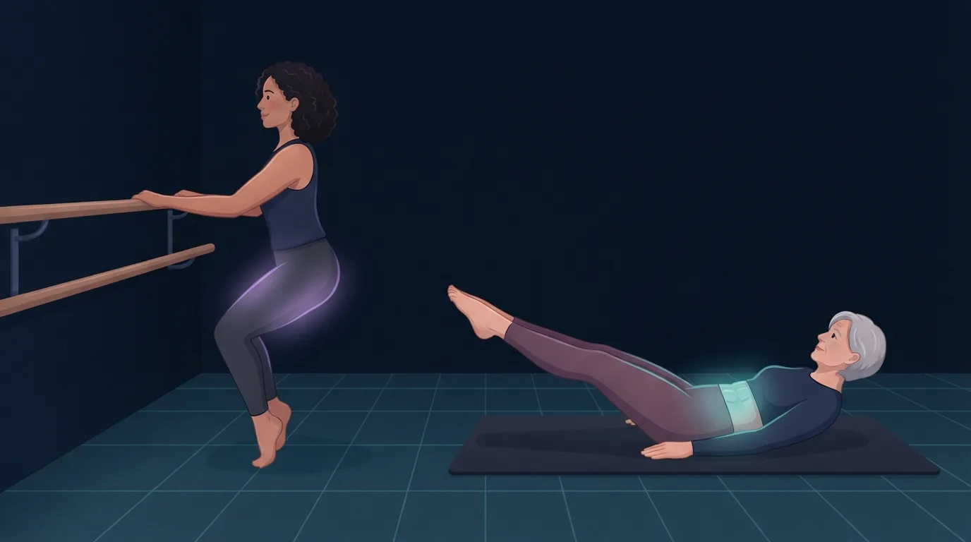 Illustration zu Barre vs Pilates: Eine Frau hält sich an einer Ballettstange in einem kleinen Plié auf den Zehenspitzen, Oberschenkel und Gesäß leuchten violett, daneben eine ältere Frau auf einer Matte in einem Pilates-Curl-up mit ausgestreckten Beinen, ihre Bauchmuskeln leuchten türkis