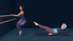 Barre vs Pilates illustration: a woman holding a ballet barre in a small plie on her toes with her thighs and glutes glowing violet, beside an older woman on a mat in a Pilates curl-up with both legs extended and her abdominals glowing teal