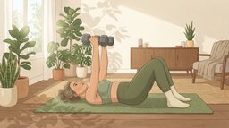 A woman lying on an exercise mat in a sunny living room full of plants, pressing two dumbbells up over her chest in a dumbbell floor press with her knees bent and feet flat