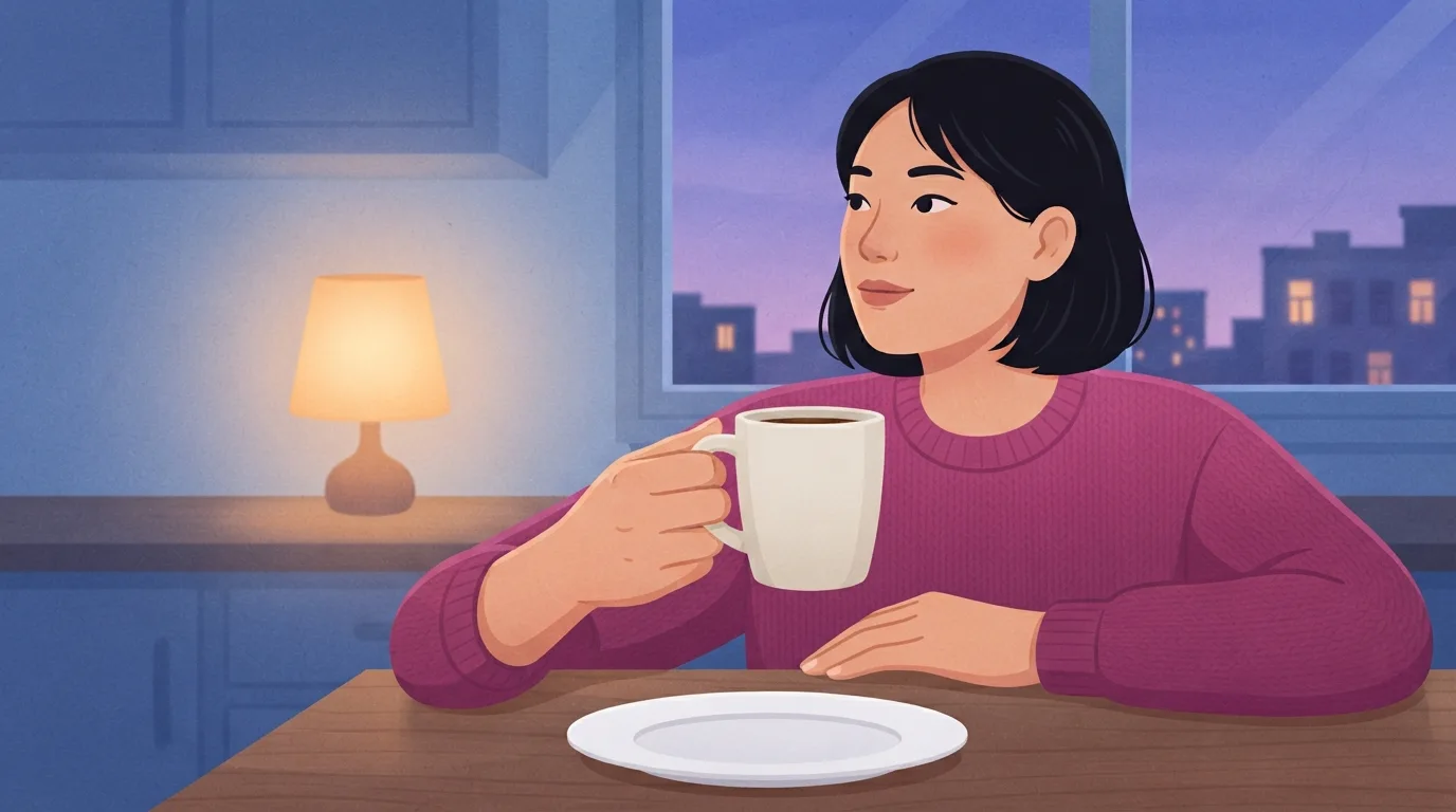 Une jeune femme en pull magenta qui saute le petit-déjeuner, tenant une tasse de café à une table de cuisine à l'aube, avec une assiette vide devant elle et des fenêtres éclairées de la ville derrière elle