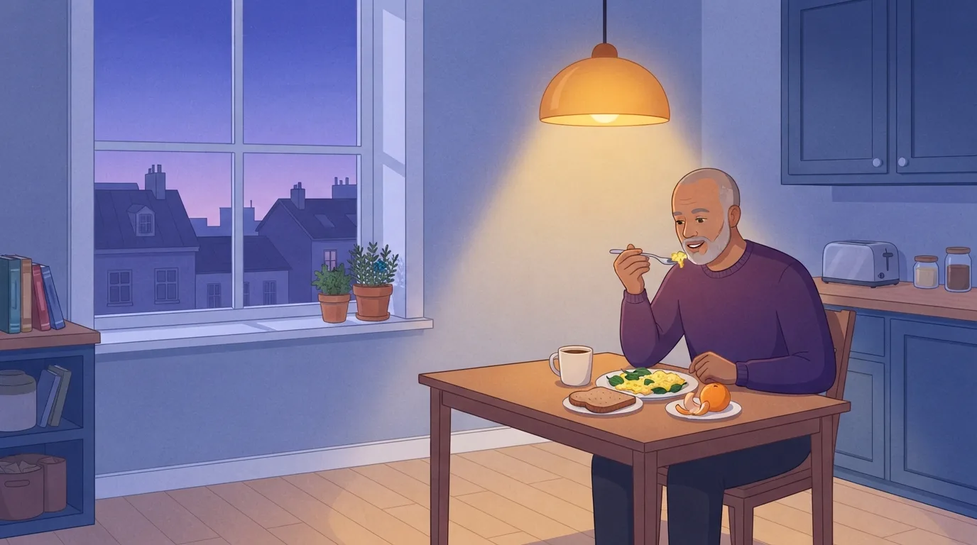 Un homme d'une cinquantaine d'années prenant un petit-déjeuner d'œufs brouillés, de pain complet grillé et d'une orange à une table de cuisine sous une chaude lampe ambrée, avec un ciel violet d'aube au-dessus des toits de la ville derrière la fenêtre