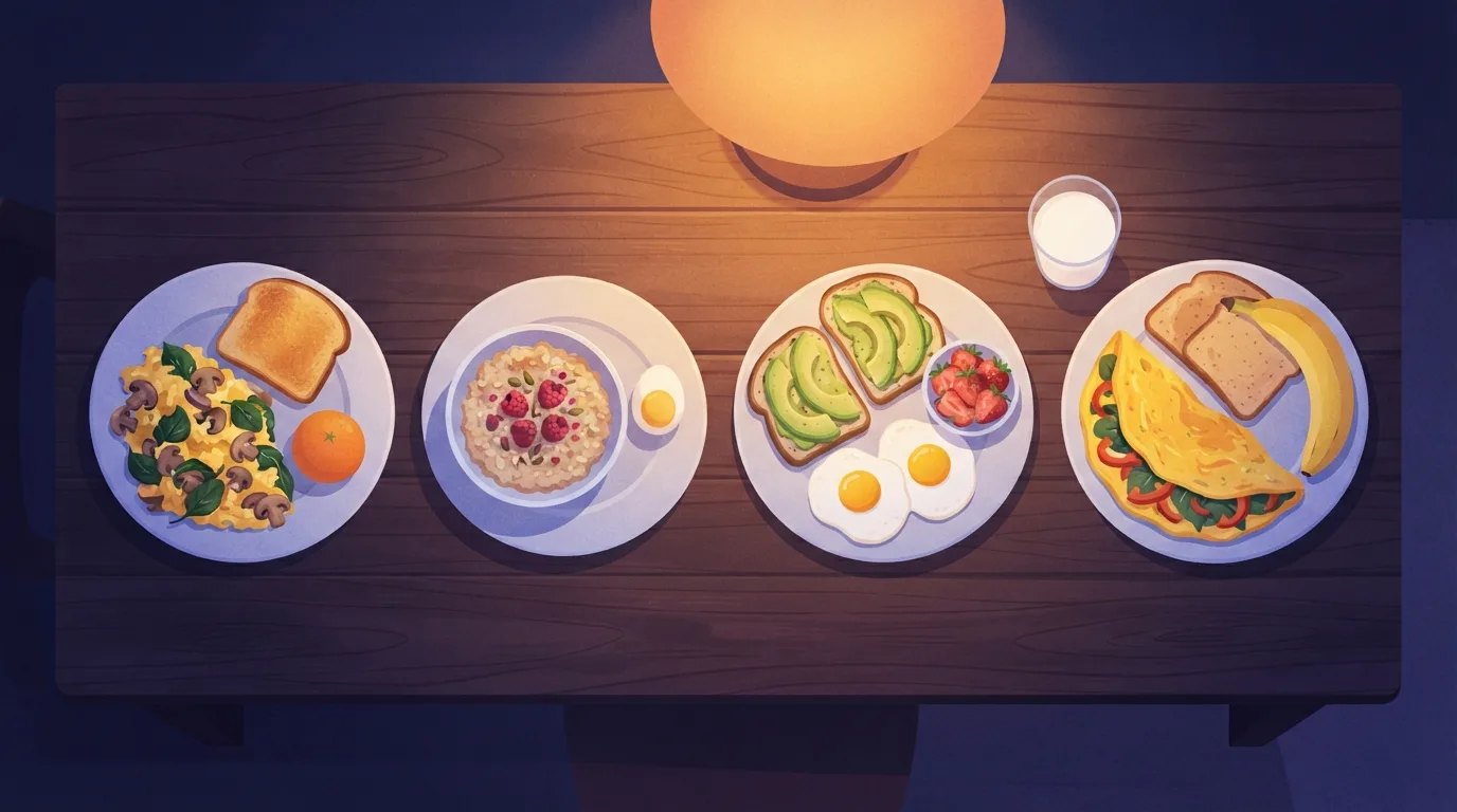 Vue de dessus de quatre assiettes de petit-déjeuner pour maigrir sur une table en bois sombre sous la lumière chaude d'une lampe : œufs aux épinards et pain grillé, porridge aux framboises, tartine d'avocat avec œufs au plat et fraises, et une grande omelette avec du pain grillé, une banane et un verre de lait