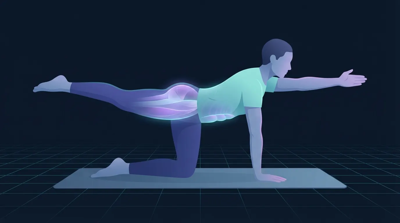 A person on hands and knees extending the opposite arm and leg in a bird dog, with the muscles along the lower back, the glutes and the deep abdominal wall lit up