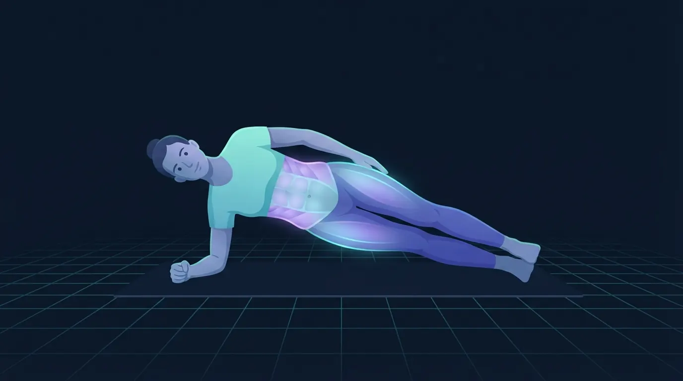 A person holding a forearm side plank on a mat with the side of the trunk, the hip and the glute lit up as the working muscles