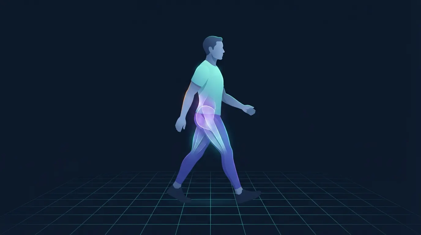 A person walking briskly in profile across a receding grid floor with the lower back, glutes and hamstrings lit up as the working muscles