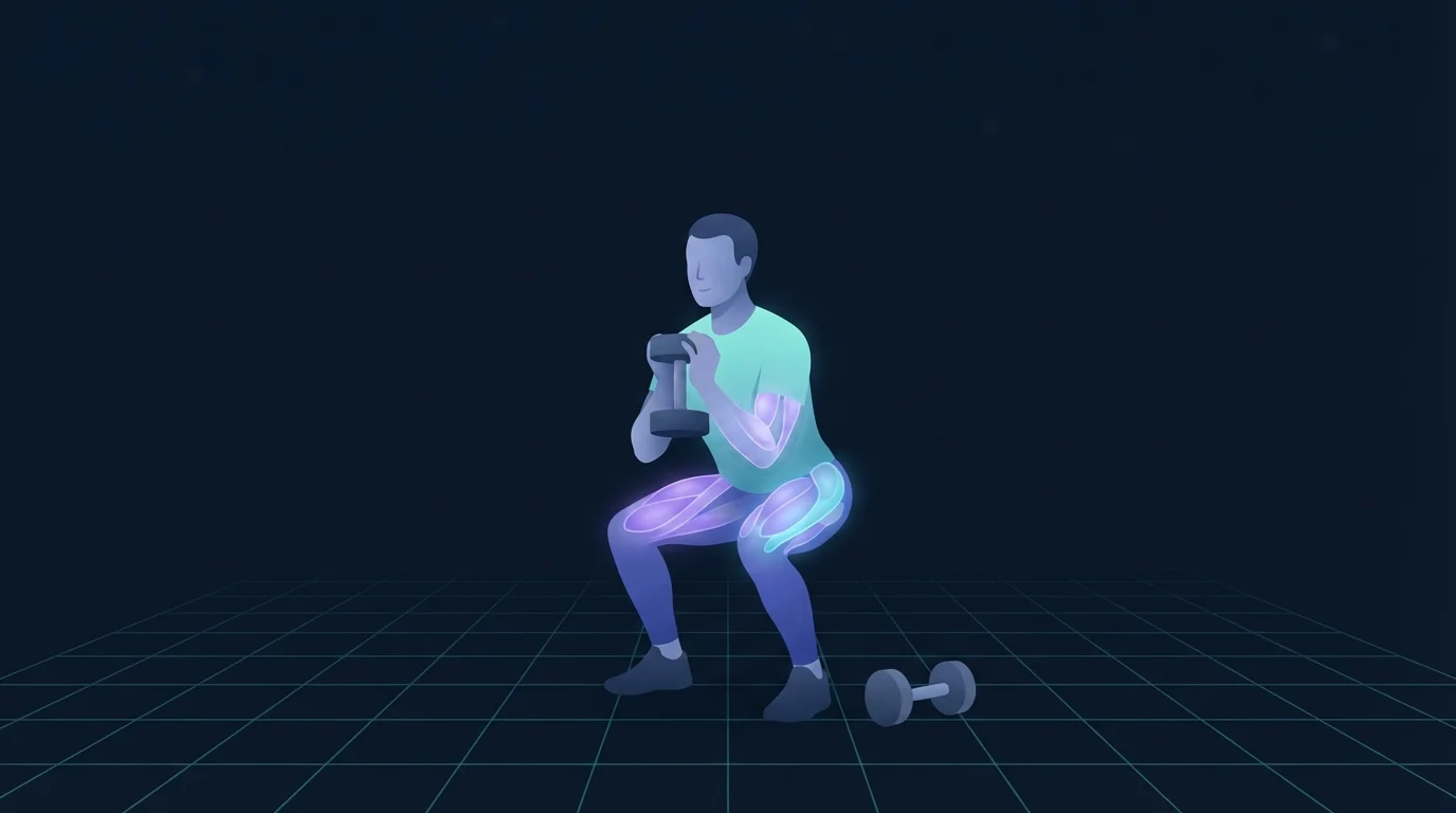 A person at the bottom of a goblet squat holding one dumbbell at the chest, with the quadriceps, glutes and deep abdominal wall glowing