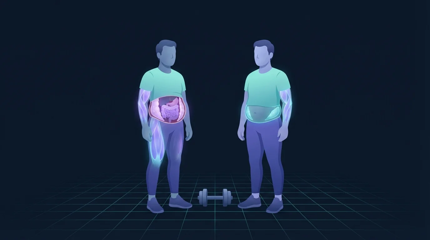 Two standing figures side by side, one with the deep fat around the organs glowing violet and the other with the softer layer under the skin at the waist glowing cyan