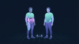 Two standing figures side by side, one with the deep fat around the organs glowing violet and the other with the softer layer under the skin at the waist glowing cyan