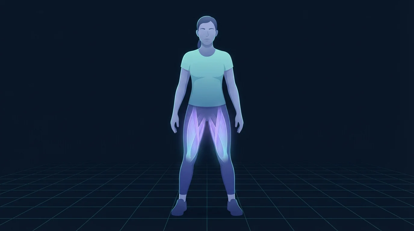 A standing figure viewed from the front with a fan of adductor muscles glowing violet and cyan down the inside of both thighs, from the groin to just above each knee
