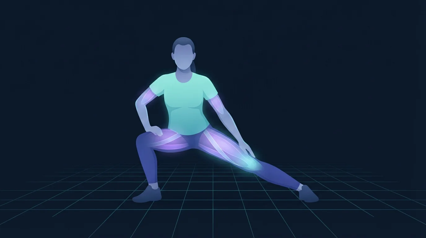 A figure in a wide lateral lunge with one leg straight and the other bent, the inner thigh of the straight leg glowing violet and cyan from the groin down to the knee