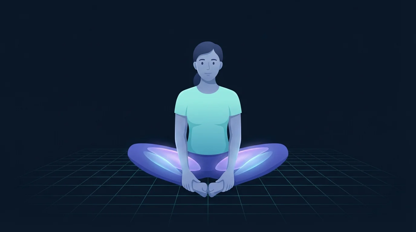 A figure sitting on the floor in a butterfly position with the soles of the feet together and the knees dropped wide, both inner thighs glowing softly along their length