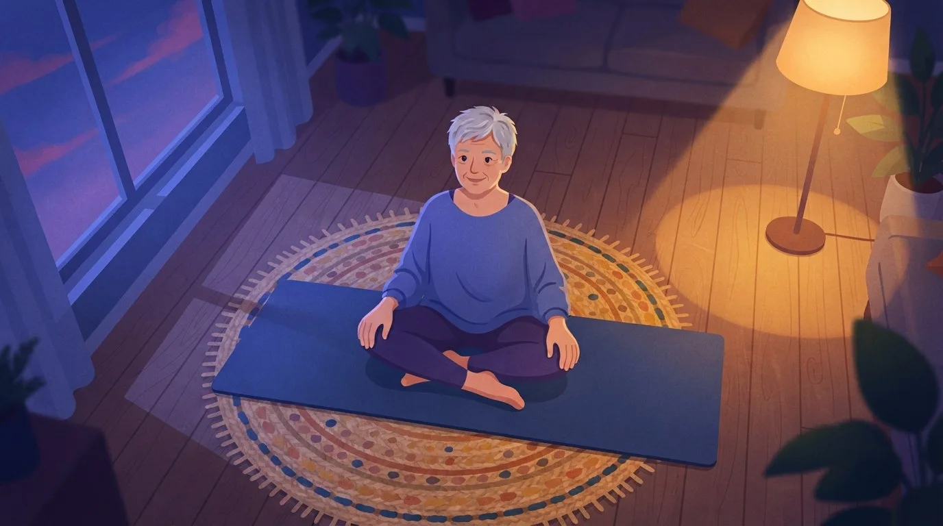 Blick von oben auf eine Frau in ihren Sechzigern, die am Abend in einem von einer Lampe beleuchteten Wohnzimmer im Schneidersitz auf einer Gymnastikmatte sitzt und lächelt, bevor sie vom Boden aufsteht
