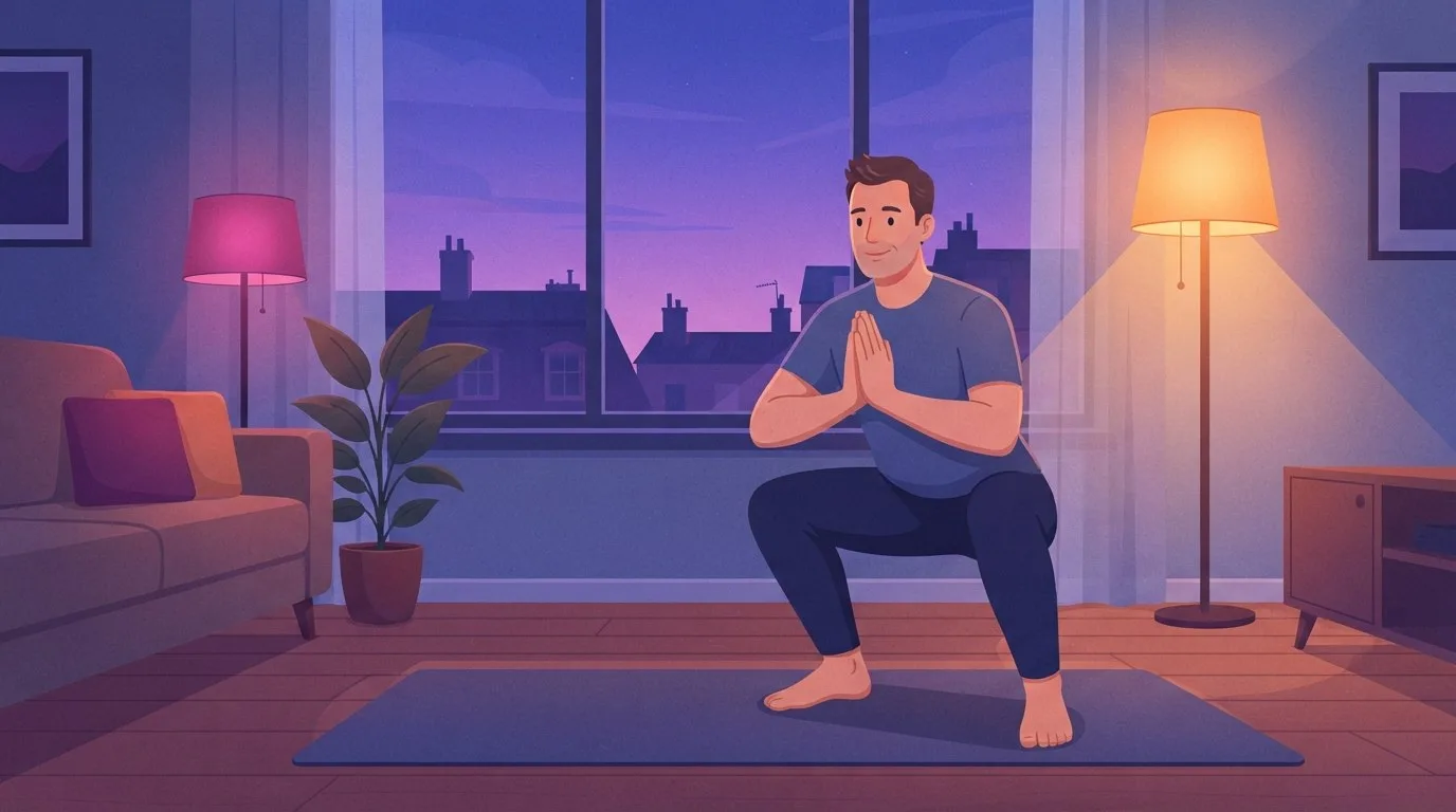 Ein Mann hält am Abend in einem Wohnzimmer auf einer Gymnastikmatte eine tiefe Kniebeuge mit dem Körpergewicht, die Fersen flach und die Handflächen aneinandergelegt, eine der besten Mobilitätsübungen für Hüfte und Sprunggelenke