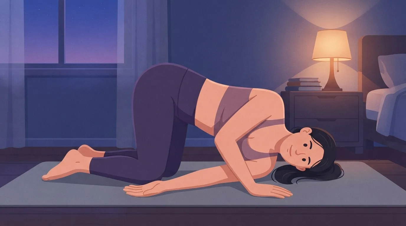 Eine Frau kniet am Abend in einem von einer Lampe beleuchteten Schlafzimmer im Vierfüßlerstand auf einer Matte, ein Arm unter der Brust hindurchgeführt, Schulter und Wange auf der Matte, bei einer Thread-the-Needle-Rotation der oberen Rückenpartie