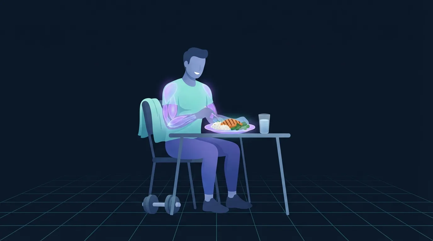 Uma pessoa sentando para comer um prato de frango, arroz e vegetais logo depois de treinar, com uma toalha na cadeira e um haltere no chão