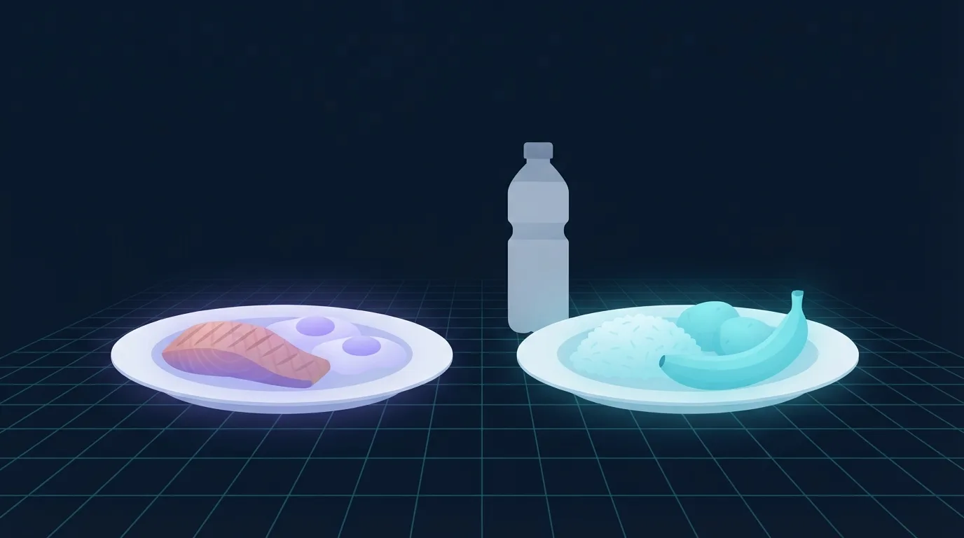 Dois pratos lado a lado, um com salmão e ovos brilhando em violeta e o outro com arroz, batata e uma banana brilhando em ciano, com uma garrafa de água entre eles