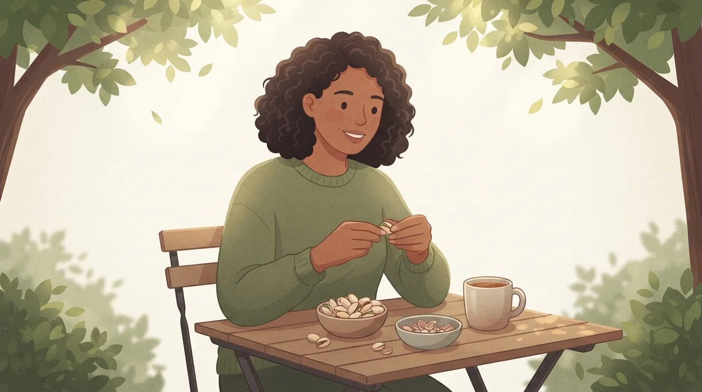 Une femme en pull vert mousse décortique des pistaches à une table de jardin sous les arbres, avec un petit bol de noix et un second bol qui se remplit de coques vides à côté d'elle