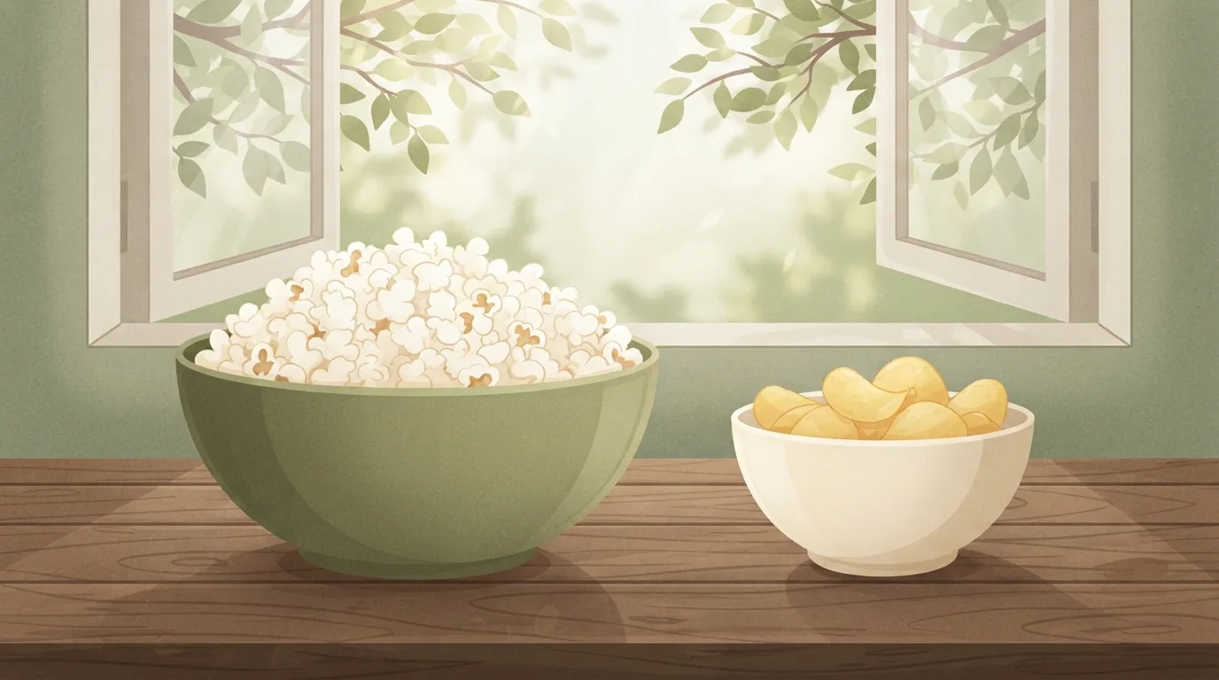 Comparaison côte à côte sur une table en bois : un grand bol rempli à ras bord de pop-corn nature à côté d'un petit bol contenant une modeste poignée de chips de pommes de terre