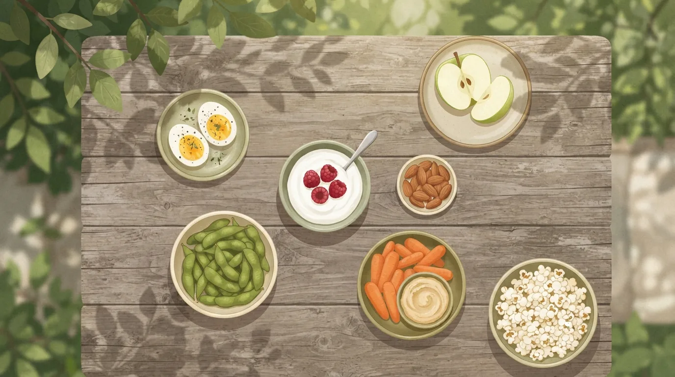 Vue de dessus de collations saines pour perdre du poids sur une table de jardin en bois à l'ombre tachetée de soleil : yaourt grec aux framboises, œufs durs coupés en deux, cosses d'edamame, amandes, tranches de pomme, mini-carottes au houmous et un bol de pop-corn