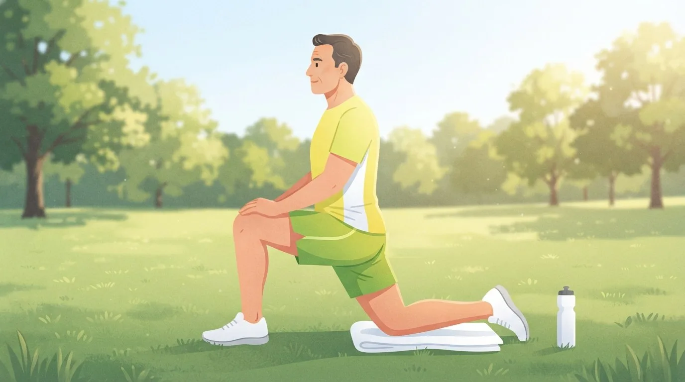 A man in his fifties kneeling on a folded towel on park grass after a run, front knee bent over his ankle and hips pressed forward in a half-kneeling hip flexor stretch