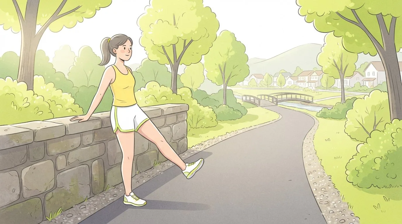 A woman in running clothes doing front-to-back leg swings beside a low stone wall on a park path in the morning, one of the best stretches for runners before a run
