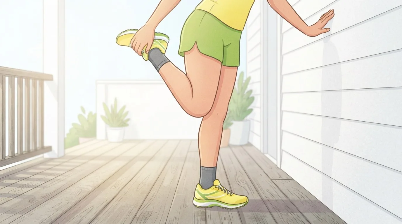 Close-up of a runner on a sunny porch doing a standing quadriceps stretch, one hand holding the ankle of the bent leg behind her and the other hand flat on a white wall for balance