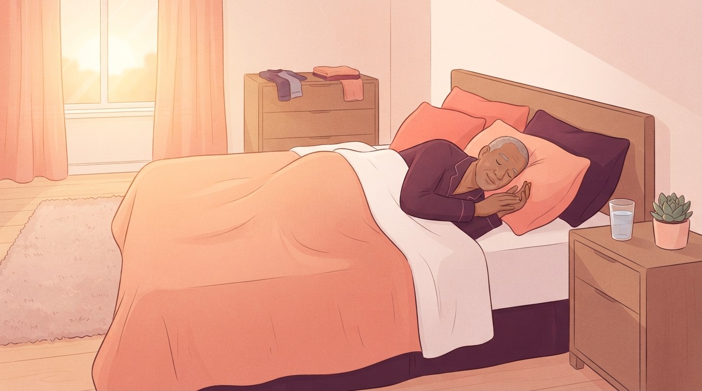 Vue large d'une chambre calme au lever du soleil avec une lumière dorée derrière des rideaux couleur pêche, un homme d'une cinquantaine d'années dormant paisiblement sous une couverture couleur pêche, un verre d'eau et une petite plante sur la table de chevet