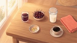 High-angle view of recovery supplements on a wooden table in golden sunrise light: a glass of dark red tart cherry juice, a bowl of cherries, a dish of fish oil softgels, a protein shake and a cup of black coffee